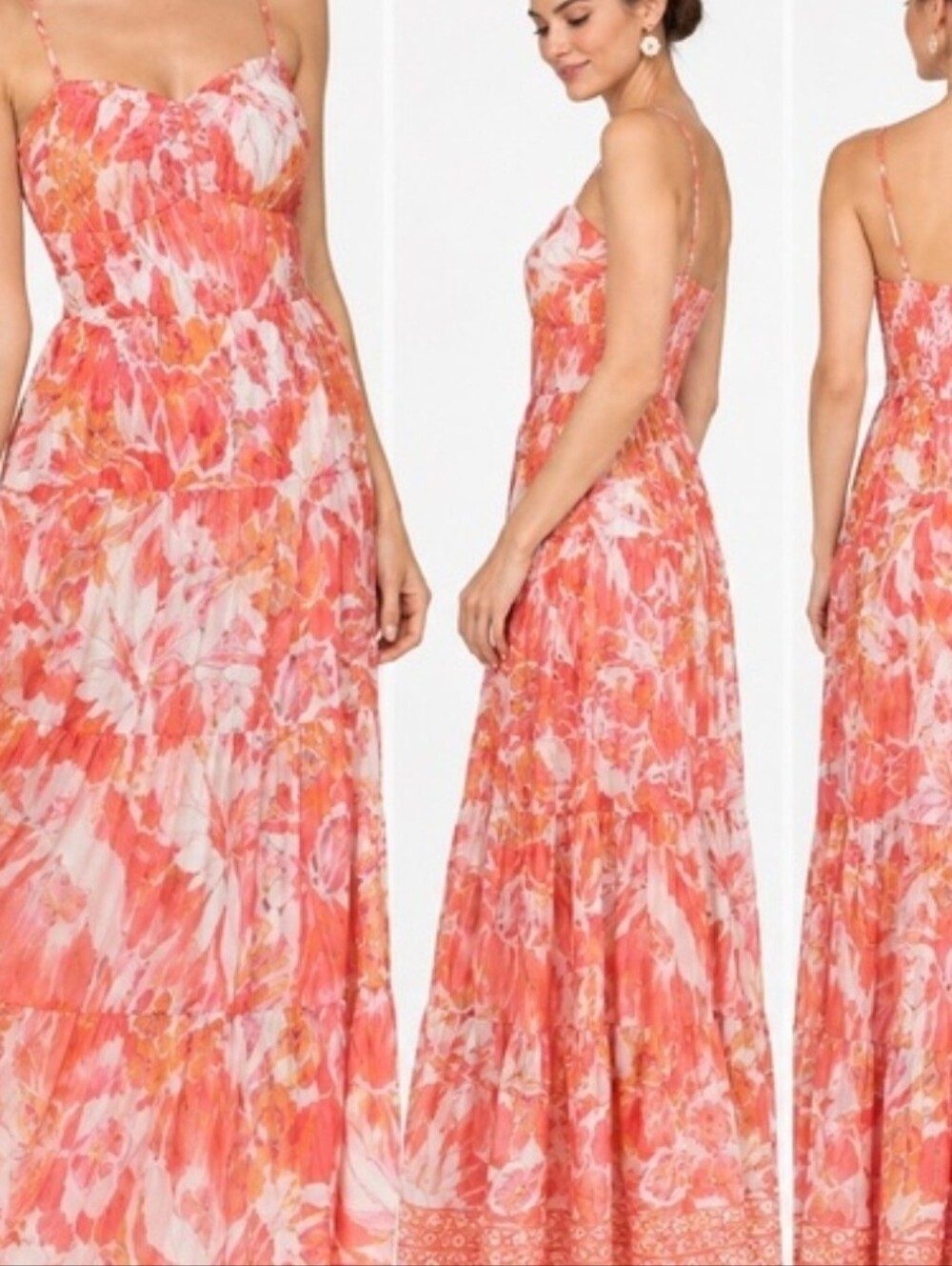 Avec Les Filles NWT Poppy Lily Floral Tiered Spaghetti Strap Maxi Dress Size 4